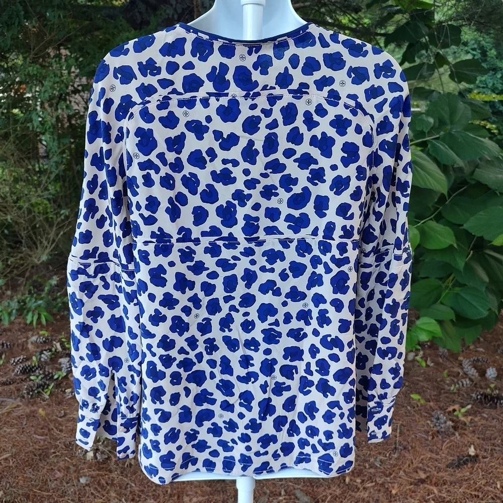 Tory Burch Robin Silk Blue Cheetah Print Long Sleeve Tunic Blouse Women's Size 2